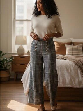 SHEIN Gray Plaid High-Waist Wide-Leg Pants with Gold Buttons